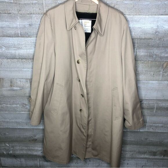 London Fog men 46R vintage fur trim beige mens trench coat button down - Picture 1 of 5
